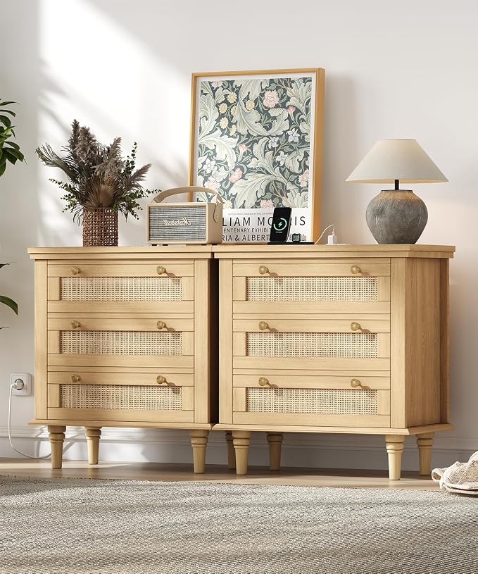 Keehusux Night Stand with 3 Large Storage Drawers, 26.8" H Rattan Nightstand with Charging Station, Boho Bedside Table with Round Handles, Wooden End Table for Bedroom, Natural Oak KES008MECTG - Image 5