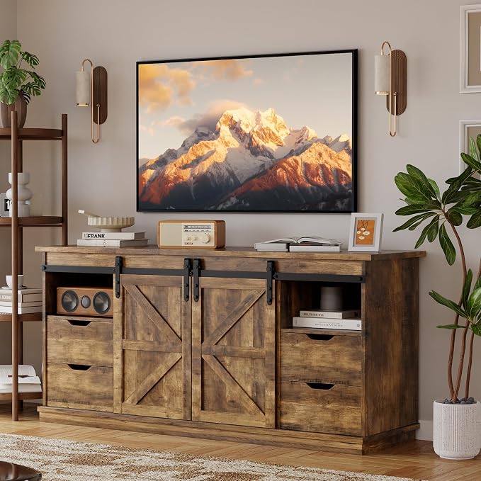 YESHOMY Farmhouse TV Stand for Televisions up to 65 Inch, Wood Entertainment Center with Sliding Barn Doors and 4 Storage Drawers, 58’’ Media Console Cabinet with Shelves for Living Room, Barnwood by SearchallYESHOMY