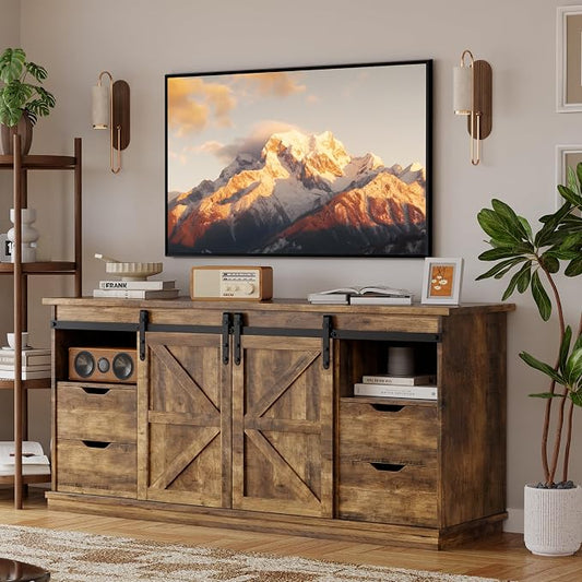 YESHOMY Farmhouse TV Stand for Televisions up to 65 Inch, Wood Entertainment Center with Sliding Barn Doors and 4 Storage Drawers, 58’’ Media Console Cabinet with Shelves for Living Room, Barnwood by SearchallYESHOMY