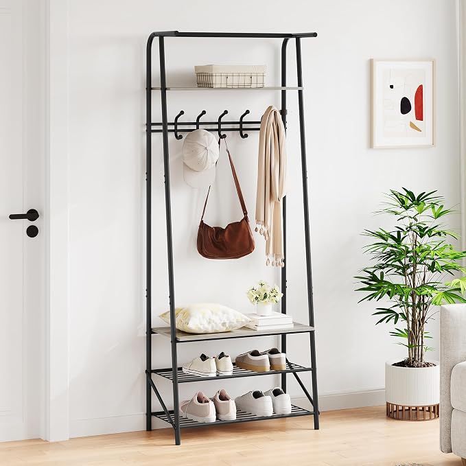IDEALHOUSE Coat Rack Shoe Bench with 5 Hooks, Hall Trees Entryway Bench with Storage, Wood Look Accent Furniture with Metal Frame for Entryway, Living Room, Bedroom - Image 3