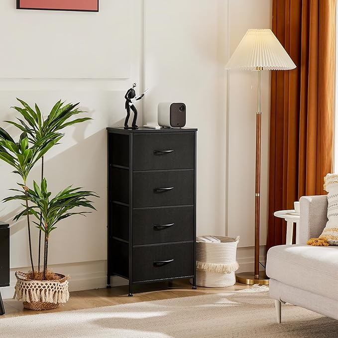 Simple Deluxe 4 Drawer Dresser, Fabric Storage Tower Organizer with Sturdy Steel Frame and Wood Top, Easy Pull Handles, for Bedroom, Entryway, Hallway, Black