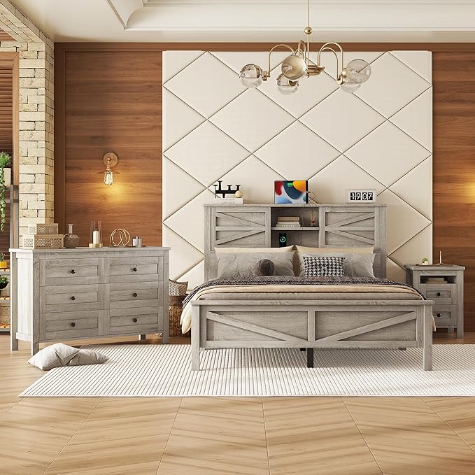 3-Pieces Bedroom Sets, Queen Size Farmhouse Platform Bed with Cabinet and Nightstand, Wood Bedroom Furniture Set with Storage Headboard, No Box Spring Needed (Antique Gray/78)