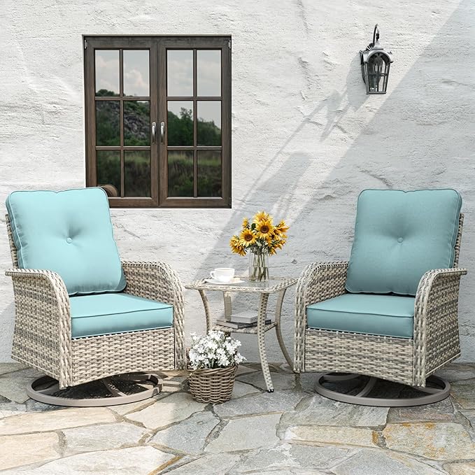 6-Piece Patio Rocking Swivel Chair Outdoor Wicker Rattan Bistro Set with Tempered Glass Side Table, Outdoor Patio Furniture Set for Garden, Deck, and Balcony, Light Blue