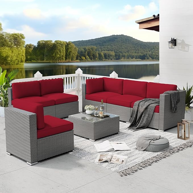 SUNCROWN Outdoor Patio Furniture Set 7 Piece Outdoor Sectional Sofa Grey Wicker Conversation Sofa Set with Coffee Table and Cushions -Red