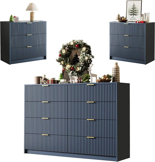 MAISONARIA 3-Piece Dresser Bedroom Set, 8 Drawer Dresser & 3 Drawer Nightstands with Gold Handles, Fluted Wood Chest of Drawers for Bedroom, Living Room, Entryway, Navy Blue