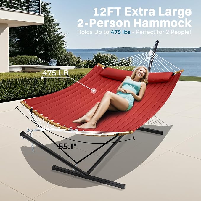 SUPERJARE Hammock with Stand, 2 Person Heavy Duty Hammock with Padded Cotton, Detachable Pillow & Strong Curved-Bar & Portable Carrying Bag, Perfect for Outdoor & Indoor, Red - Image 2