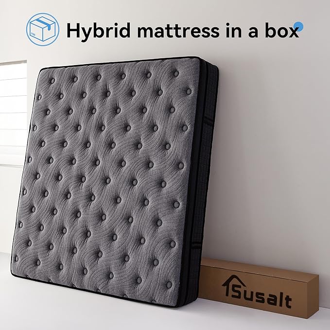 Susalt Queen Mattress, 12 Inch Hybrid Mattress in a Box, Gel Memory Foam, Medium Firm, Edge Support, Motion Isolation, Pressure Relief, Zoned Support Spring, CertiPUR-US Certified, Black & Gray