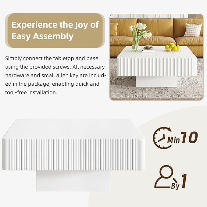 Merax Modern Square Coffee Table with Sturdy Base, Wood Minimalist Fluted Center Tables for Living Room Reception Room, Easy Assemble, White