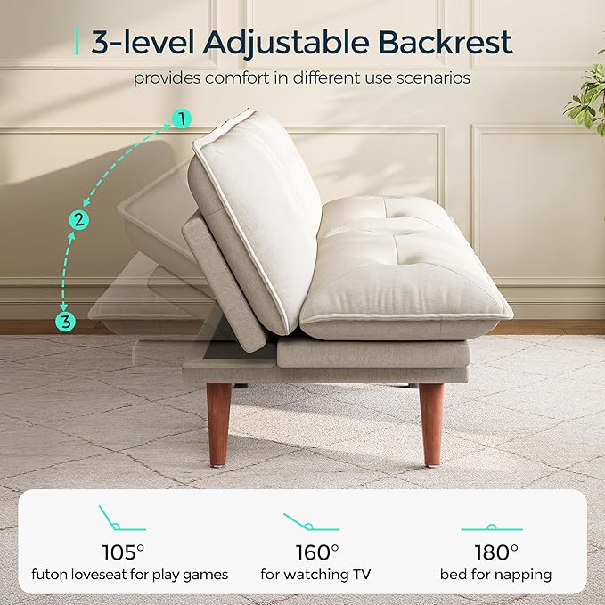 LINSY HOME Futon Sofa Bed, 70" Chenille Futon Couch with Adjustable Backrest Armrest, 3 in 1 Convertible Comfy Loveseat Sleeper Sofa Bed for Small Spaces Dorm Room Apartment Home Office, Beige White