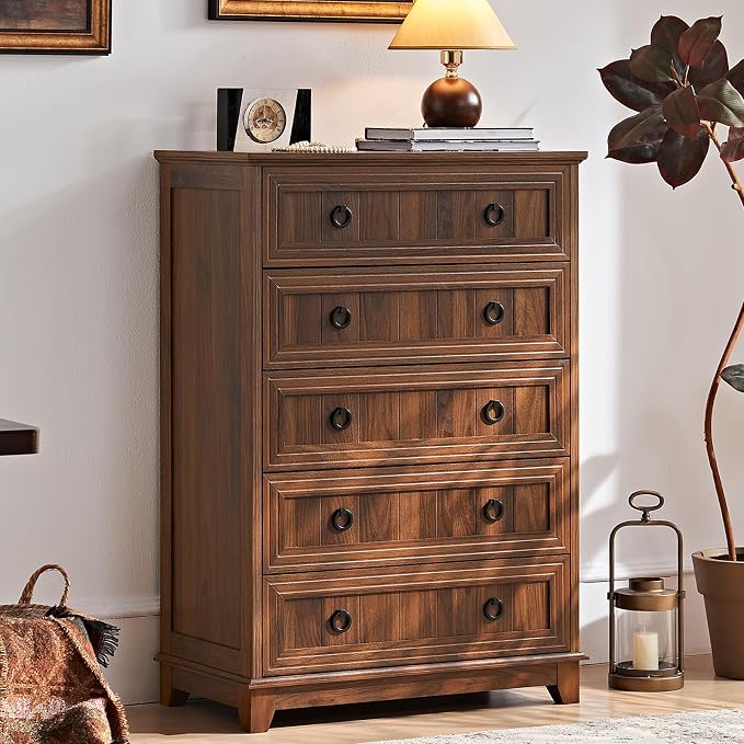 Joaxswe Farmhouse 5 Drawer Dresser for Bedroom Set of 2, 42" Tall Small Dressers & Chest of Drawers, Rustic Wood Dresser with Metal Handle, Storage Organizer Closet for Living Room, Hallway,Entryway - Image 3