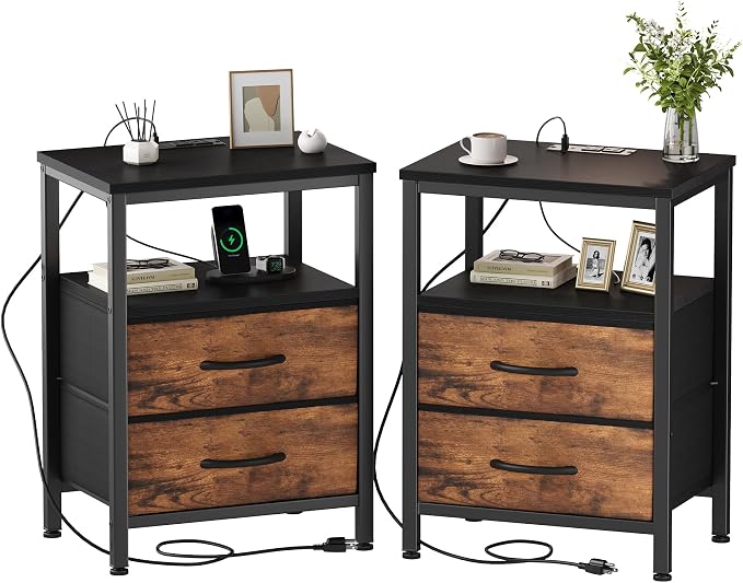 DUMOS Nightstand Set of 2 with Built in Charging Station USB Ports and Outlets Adjustable Fabric Drawer Storage Bedside Table with Open Shelf for Bedroom,Black and Brown by DumosLifestyle