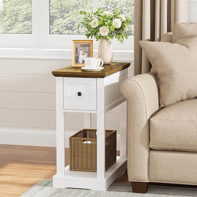 Nightstand Set of 2 with Charging Station, Side Table with Storage, Thicken Base, for Bedroom, Rustic Brown and White - Image 4