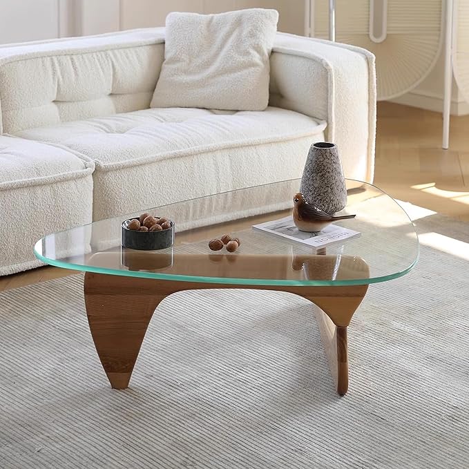 Walnut Glass Coffee Table, 35.5″ Mid Century Modern Coffee Table, Small Tea Table with Tempered Glass Top & Solid Wooden Base, Unique Center Tables for Living Room, Small Spaces