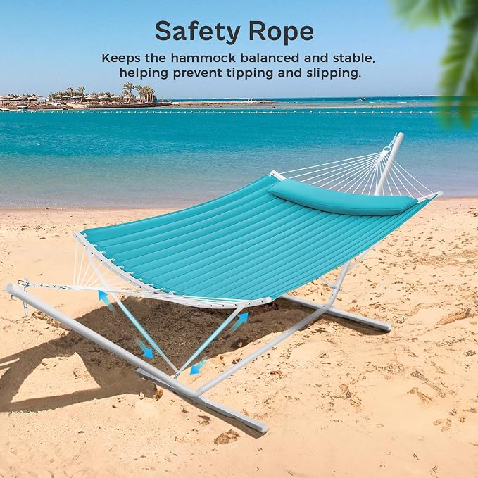 SUPERJARE Hammock with Stand, 2 Person Heavy Duty Hammock with Padded Cotton, Detachable Pillow & Strong Curved-Bar & Portable Carrying Bag, Perfect for Outdoor & Indoor, Sky Blue - Image 5