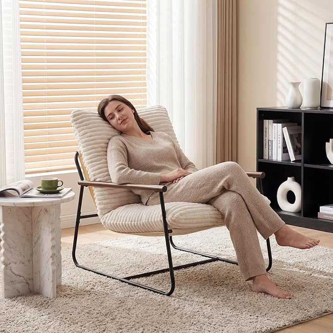 COSIEST Accent Chair for Living Room, Modern Ribbed Upholstered Armchair with Wood Arms, Comfy Lounge Chair with Black Metal Frame, Large Reading Chair for Bedroom, Office, Small Space, White