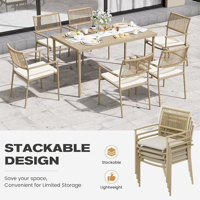 Outdoor Dining Set for 2, Patio Dining Chair with Soft Cushion, Matte Metal Spray Coating Patio Dining Chair, 2 Wicker Rattan Chairs for Backyard, Garden & Poolside,Beige - Image 4