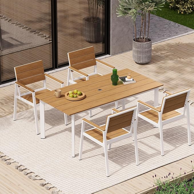 67"*32.3"*29.5" Patio Dining Table, Seamless Rectangle Aluminum + HDPS Outdoor Patio Dining Table with Umbrella Hole, Weather-Resistant for Lawn, Garden, Yard and Indoor Use (White & Teak) - Image 2