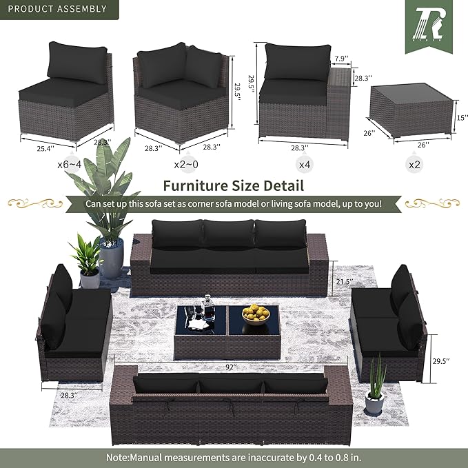 12 PCS Outdoor Patio Furniture Set,Outdoor Sectional Furniture All Weather PE Rattan Wicker Patio Conversation Set with 2 Coffee Tables and 10 Thickened Cushions,Black