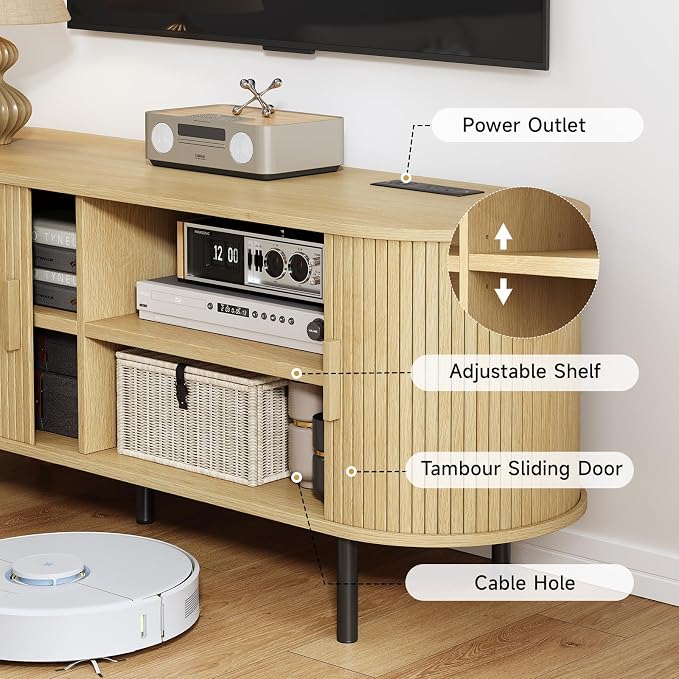 70.8" TV Stand with Power Outlet, Mid-Century Modern Television Stand, Fluted Media Console with Sliding Doors, Entertainment Center for TVs up to 60 Inch, Adjustable Shelves, Oak - Image 6