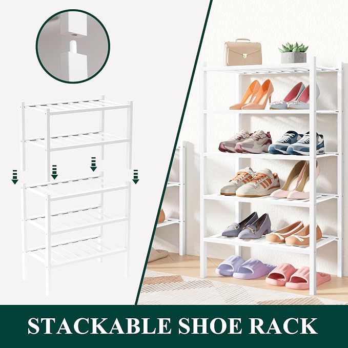 Smiry Bamboo Shoe Rack for Closet, 4 Tier Small Wooden Stackable Shoe Organizer, Free Standing Shoes Storage Shelf for Entryway, Front Door Entrance, White - Image 4