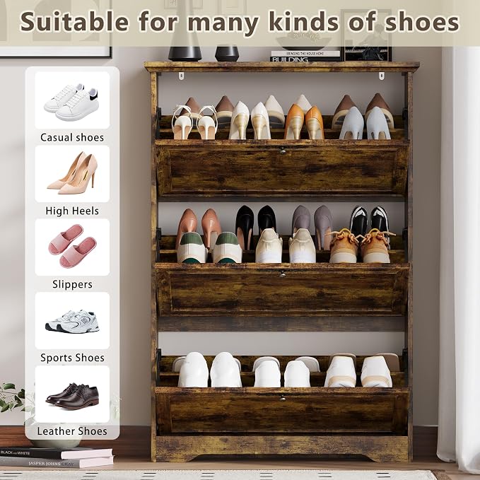 BORNOON 3 Flips Shoe Cabinet for Entryway, Narrow Shoe Storage Cabinet with Adjustable Shelves, Wooden Space-Saving Organizer and Rack for Foyer, Closet, Hallway - Image 3