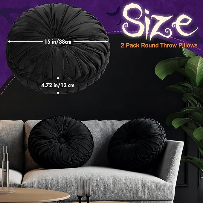 Beeveer 2 Pcs Round Throw Pillows 15 Inch Decorative Velvet Pleated Pumpkin Pillows Boho Floor Pillow with Center Button for Living Room Couch Chair Bed Sofa Home Decoration (Black)