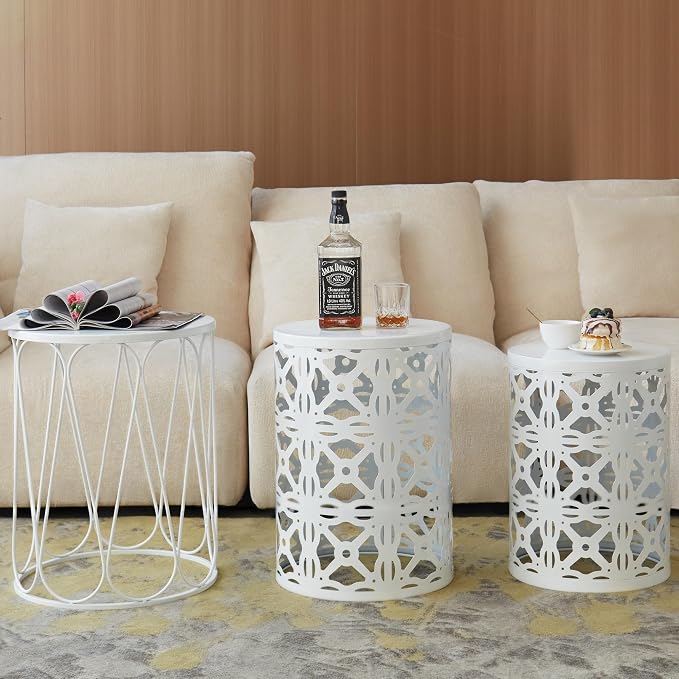 Y&M Set of 3 Stacking Coffee Table for Living Room, Round Metal Coffee Table, Indoor End Tables, Outdoor Garden Stool with Heavy Duty Metal Frame Modern Industrial Decor - Pure White (Ship from US) - Image 8