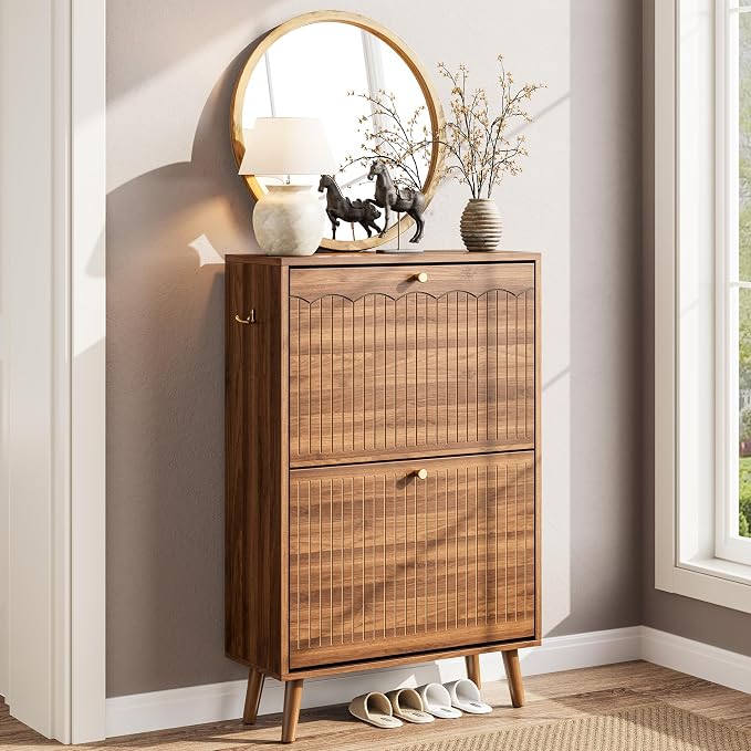 Nicetree Shoe Cabinet Storage for Entryway, 9.5" Narrow Shoe Organizer with Architectural Arched Fluted Front, Slim Shoe Rack with Adjustable Shelves,Fits Size 12 Shoes,Timeless Walnut by Nicetree