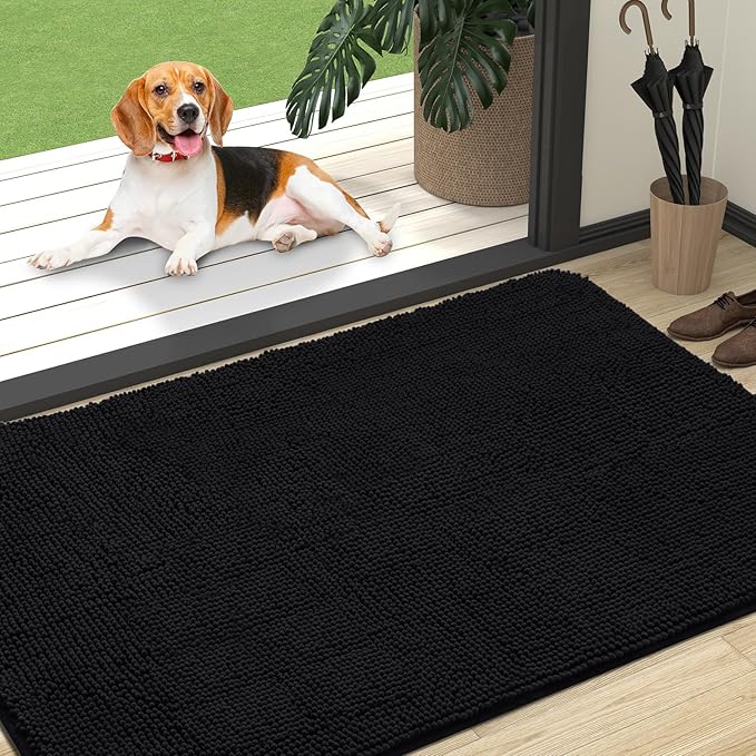 OLANLY Dog Door Mat for Muddy Paws 47x32, Absorbs Moisture and Dirt, Absorbent Non-Slip Washable Doormat, Quick Dry Chenille Mud Mat for Dogs, Entry Indoor Entryway Carpet for Inside Floor, Black by OLANLY