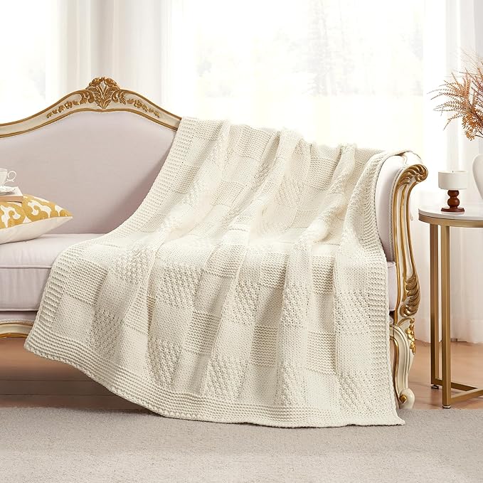 Amélie Home Knit Throw Blanket, Soft Chenille Cozy Breathable Checkered Chunky Decorative Blanket for Couch, Bed & Sofa, French-Inspired Lightweight Warm Gift for Women, Ivory, 50"x60"