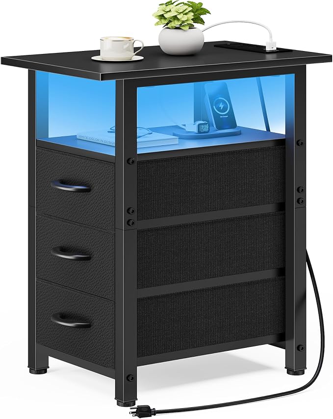Vagusicc Black Nightstand with Charging Station and LED Lights, Narrow End Table, LED Nightstand with 3 Fabric Drawers for Bedroom, Small Night Stand, Narrow Side Table for Small Spaces, Black by Vagusicc