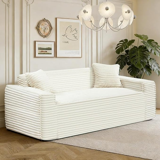 75" Cloud Loveseat Sofa, 26" Deep Seat Boneless Couches for Living Room, Modern 3 Seater Sofa with Throw Pillows, Corduroy Compression Sofa in Box, No Assembly Couch for Bedroom, Dorm, Beige