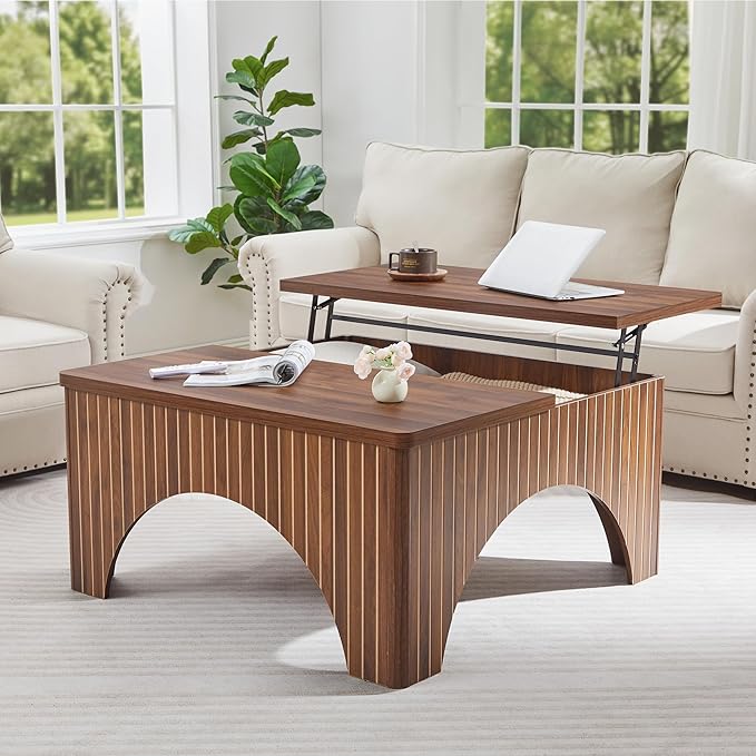 Square Coffee Table, 39'' Large Lift Top Coffee Table with Flip-Top Hidden Compartment Farmhouse Fluted Center Table Wooden Tea Table for Living Room, Apartment, Office (Walnut)