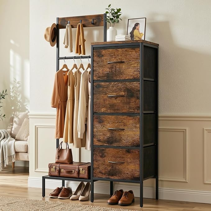 Lewondr Dresser with Hanging Rack and Storage Drawers, 4 Drawer Chest with Hooks and Hat Rack, Rustic Entryway Organizer for Clothes, Bags, Shoes and Accessories, Brown Wood Finish - Image 3