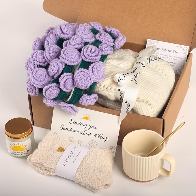 Get Well Gifts for Women, Flower Bouquet Blanket Gift Baskets, Care Package, Self Care Gifts, Thinking of You Gifts for Her Wife Mom Female Friends, Birthday Gifts for Women (Purple Rose Bouquet)