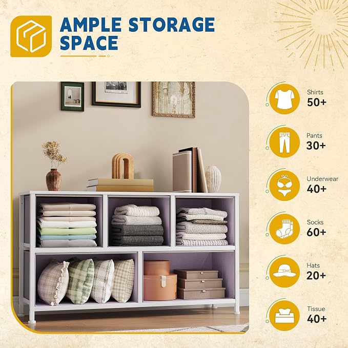 DWVO Dresser with 5 Drawers - Fabric Storage Tower, Organizer Unit for Bedroom, Living Room, Closets - Sturdy Steel Frame, Wooden Top (Purple) - Image 5