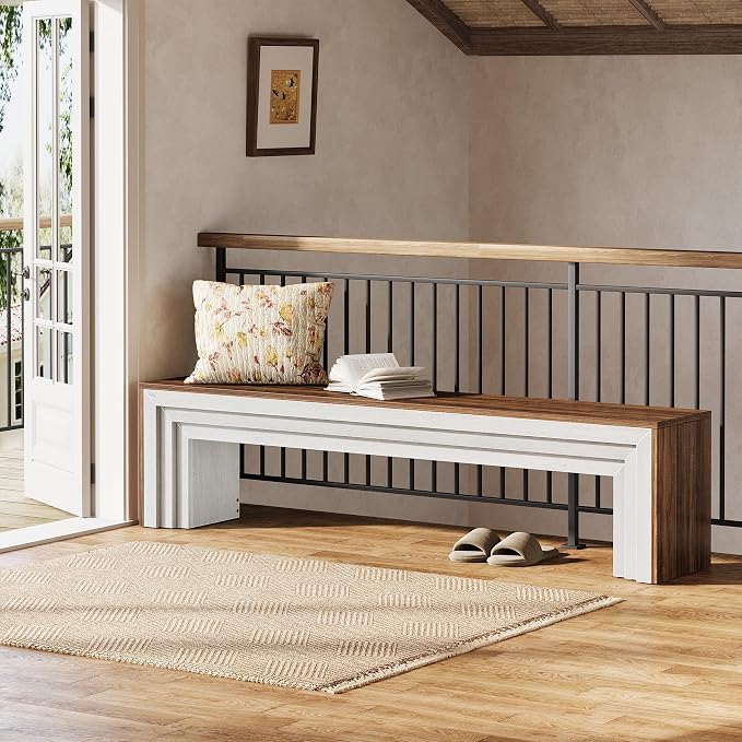 Tribesigns 71" Extra Long Entryway Bench, Modern Farmhouse Shoe Bench Wooden Indoor Seating with Layered Design for Hallway, End of Bed, Living Room, Sofa Back, Dining Room, Rustic Brown & White - Image 5