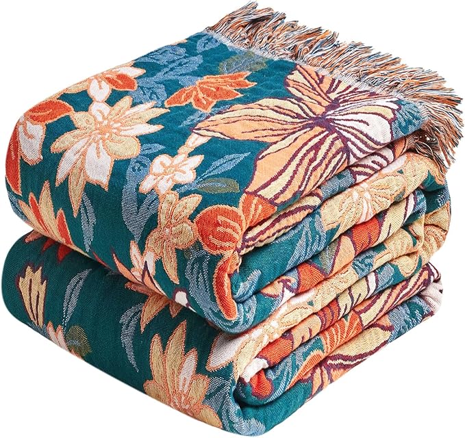 Boho Throw Blanket - 100% Cotton Ultra Soft Muslin Blanket, 50"x60" Lightweight Floral Framhouse Bedding Spring Blanket for Bed, All Season Green Bohemian Bedroom Home Decor Quilt