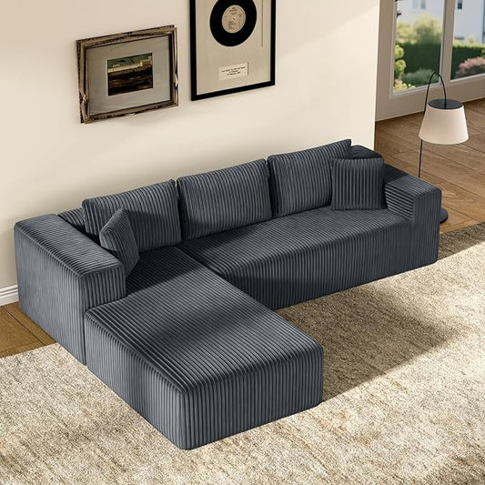 106" Modular Sectional Sofa, Grey Corduroy Cloud Couch with Right Chaise, Deep Seat Boneless Floor Sofa for Living Room, High-Resilience Foam Support, No Assembly Required, Includes Pillows | Sectional Sofa, Corduroy Cloud, Boneless, High-Resilience, N...
