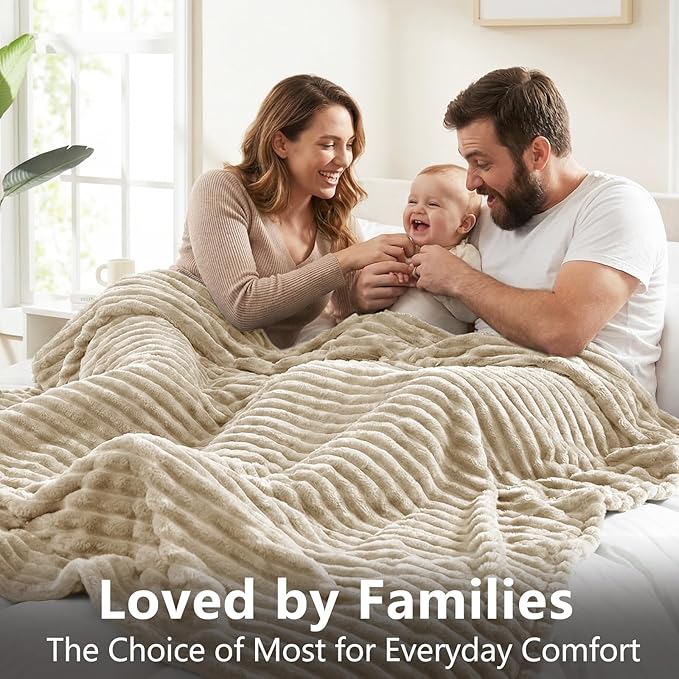IMEET Linen Ribbed Twin Blanket for Bed - 300GSM Lightweight Soft Fleece Blanket for Men Women, Cozy Blankets Graduation Birthday Gifts, Striped Spring Home School Dorm Decor, Linen, 60x80 Inches
