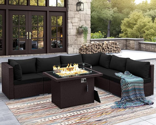 NICESOUL 7 Piece Outdoor Patio Furniture Set with Fire Pit Table Natural Gas/Propane, Tall Wide Deep Sectional Couch Sofa for Outside, 29.3'' High Back Backyard Sitting, Brown Rattan and Black Cushion