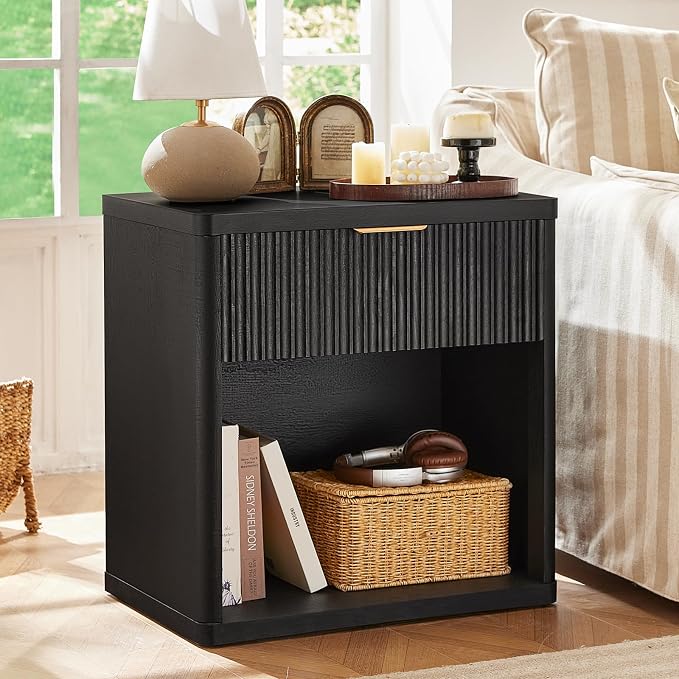 LEYAOYAO Fluted Nightstand with Charging Station, 23" Wide 1 Drawers End Table,Black Night Stand with Open Storage Cabinet, Farmhouse Bed Side Tables, Wood Dresser for Bedroom, Living Room, Closet by LEYAOYAO-Findtheshiningpointofyourideallife%EF%BC%81