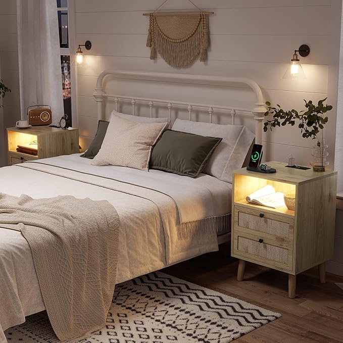 AOGLLATI Rattan Nightstands Set of 2 with Charging Station and LED, Boho Night Stand with 2 Drawers and Open Storage, Boho Wood Bedside Table for Bedroom by AOGLLATI