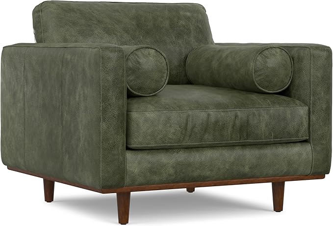 SIMPLIHOME Morrison Arm Chair - 42 inch Wide Upholstered Genuine Leather Mid-Century Modern Accent Chair in Moss Green with Solid Wood Legs, Reversible Bolster Pillows and Reclined Back