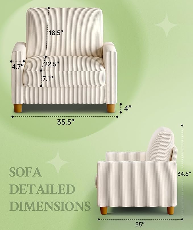 35.3" Couches for Living Room, Comfy Beige Couch Single with 22.5" Deeper Seat, Accent Chair Tool-Free Setup, Reading Chair 440lbs Support, Corduroy Couch for Bedroom, Apartment, Office