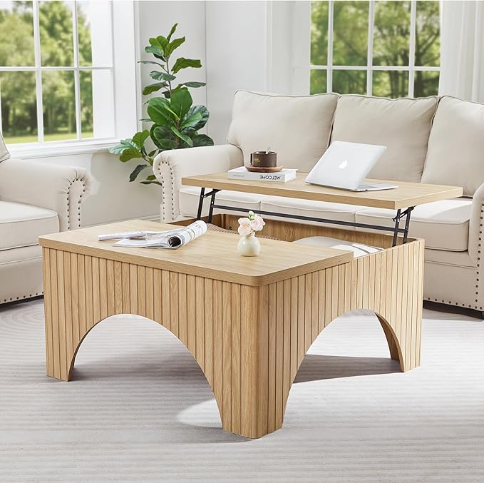 Square Coffee Table, 39'' Large Lift Top Coffee Table with Flip-Top Hidden Compartment Farmhouse Fluted Center Table Wooden Tea Table for Living Room, Apartment, Office (Natural)