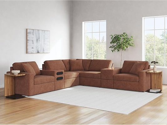 Signature Design by Ashley Modern Modmax Stain Resistant L-Shape Symmetrical 7-Piece Balanced Sectional with Audio and Storage Consoles, Orange