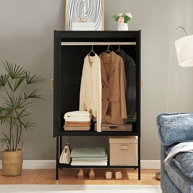 Bedroom Armoire,Wooden Rattan Armoires Metal Frame with Large Storage Space & Elegant Handle 2 Doors for Bedroom(Black)
