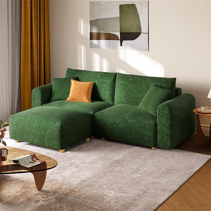 LINSY HOME Cloud Couch Sectional, Modular Sofa Sectionals for Living Room Bedroom, 91" L Shape Love Seat Couch with Ottoman, 2 Seater Deep Seat Cozy Couch Luxury Chenille Sofas, Green