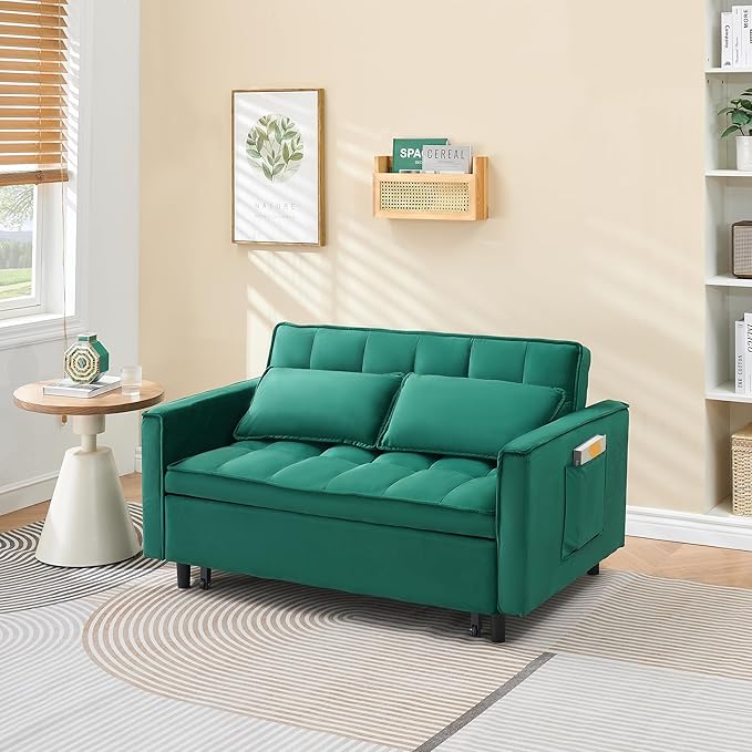 55" Modern Velvet Loveseat Sleeper Sofa, 3-in-1 Convertible Pull-Out Bed with Adjustable Backrest, 2 Pillows & Side Pockets, Small Pull Out Couch for Living Room, Apartment(Green)